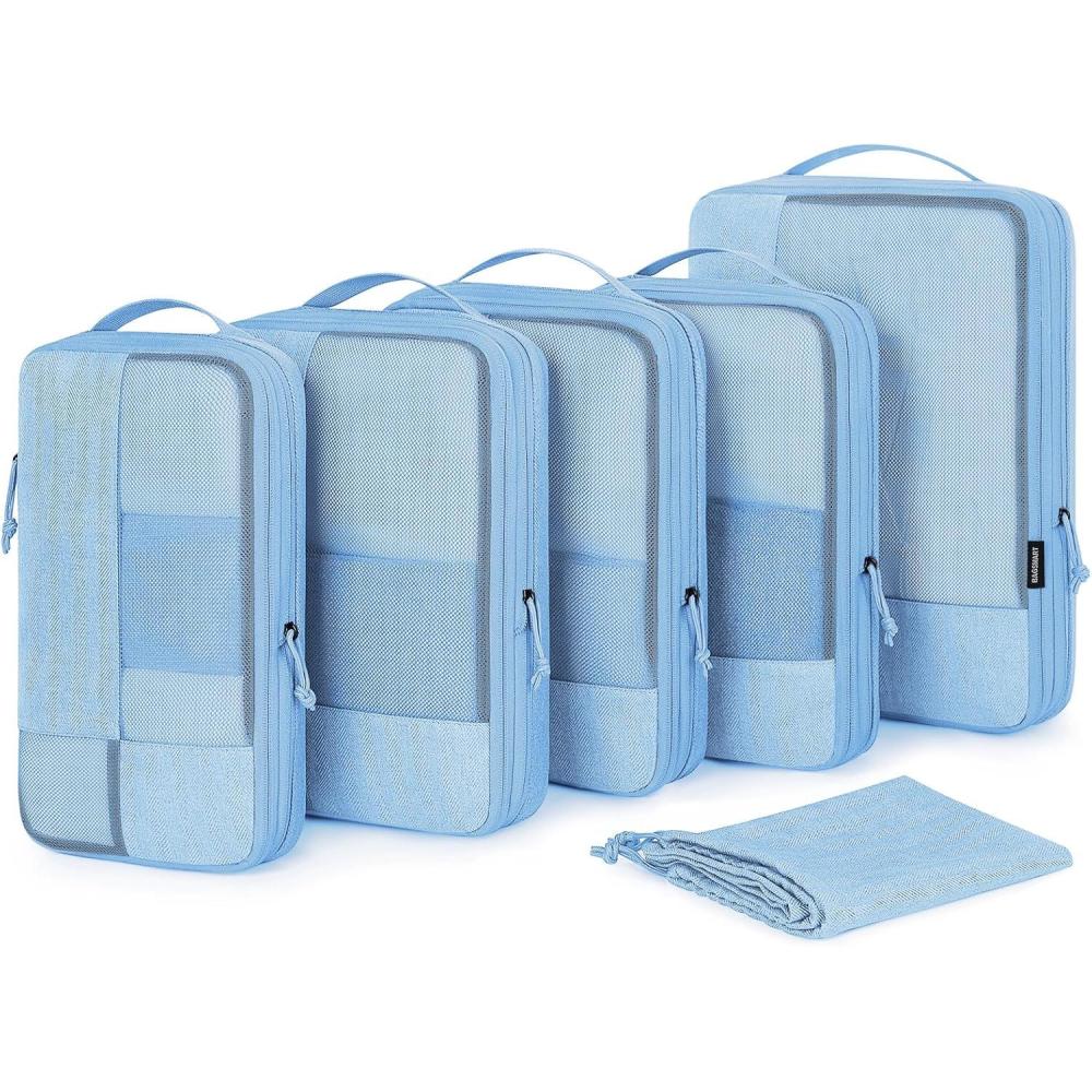 imageBAGSMART Compression Packing Cubes for Travel 6 Set Packing Cubes for Carry on Suitcases Compression Travel Cubes amp Suitcase Organizer for Packing with Shoe Bag Sky BlueSky Blue
