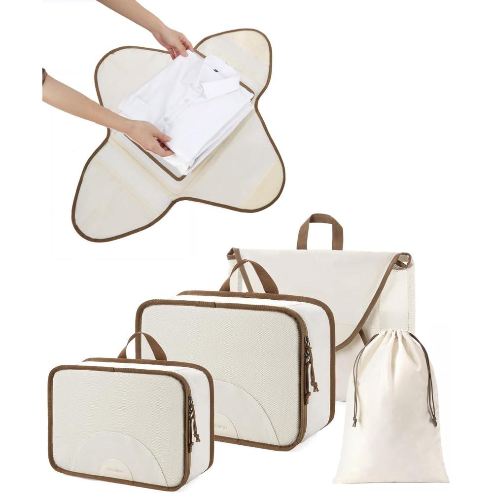 imageBAGSMART Garment Folder Packing Cubes for Travel 4 Set Lightweight Travel Cubes for Wrinkle Free Durable Suitcase Organizers Bag Set for Travel Essentials Baby PinkWhite Opal