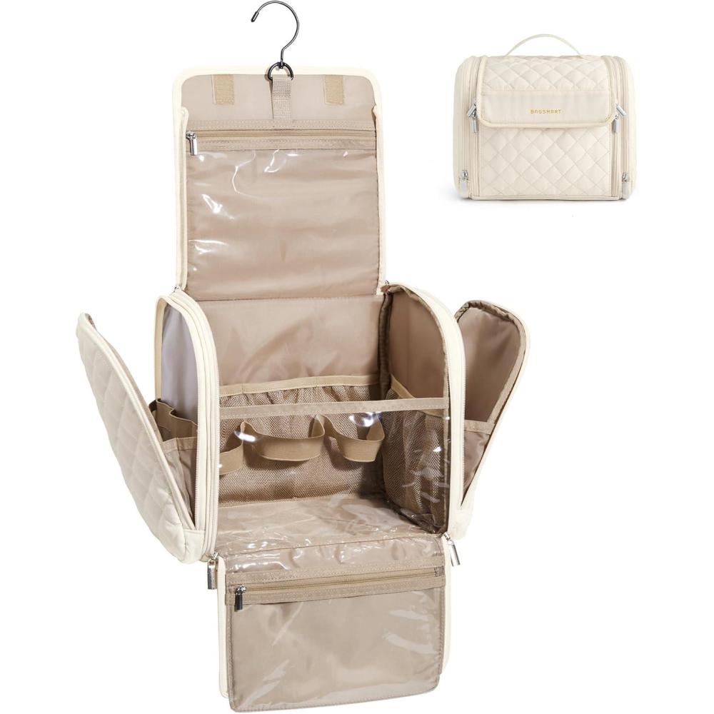 imageBAGSMART Makeup Bag for Women with Hanging Hook Large Portable Capacity Waterresistant Organizer Travel Case for Toiletries and Cosmetics BrownBeige