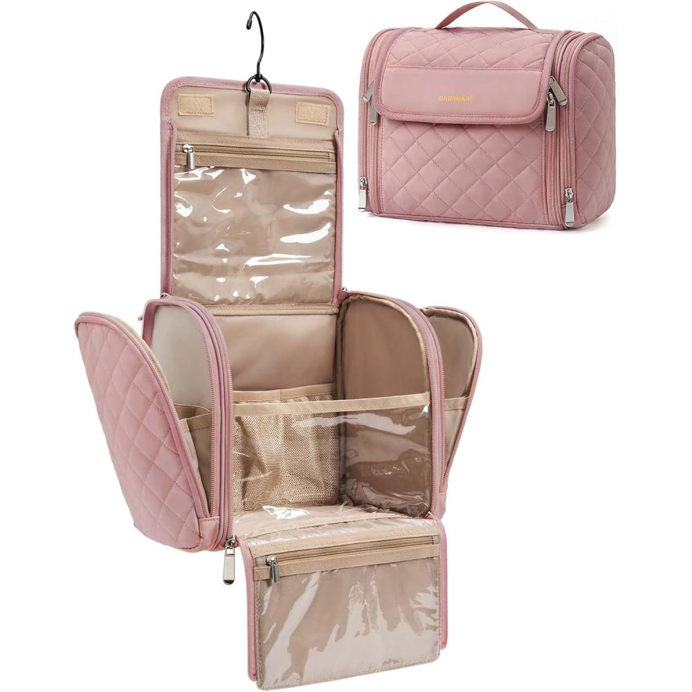 imageBAGSMART Makeup Bag for Women with Hanging Hook Large Portable Capacity Waterresistant Organizer Travel Case for Toiletries and Cosmetics BrownDark Pink