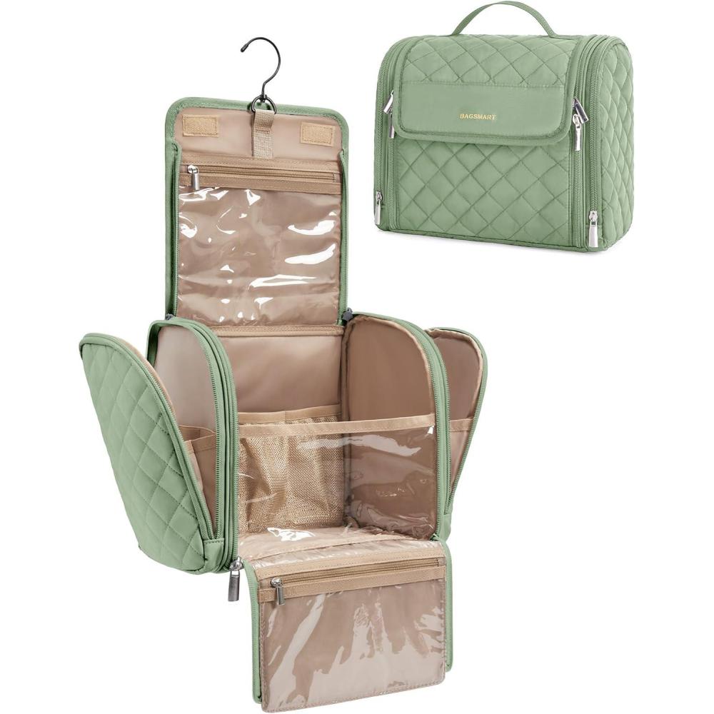 imageBAGSMART Makeup Bag for Women with Hanging Hook Large Portable Capacity Waterresistant Organizer Travel Case for Toiletries and Cosmetics BrownGreen