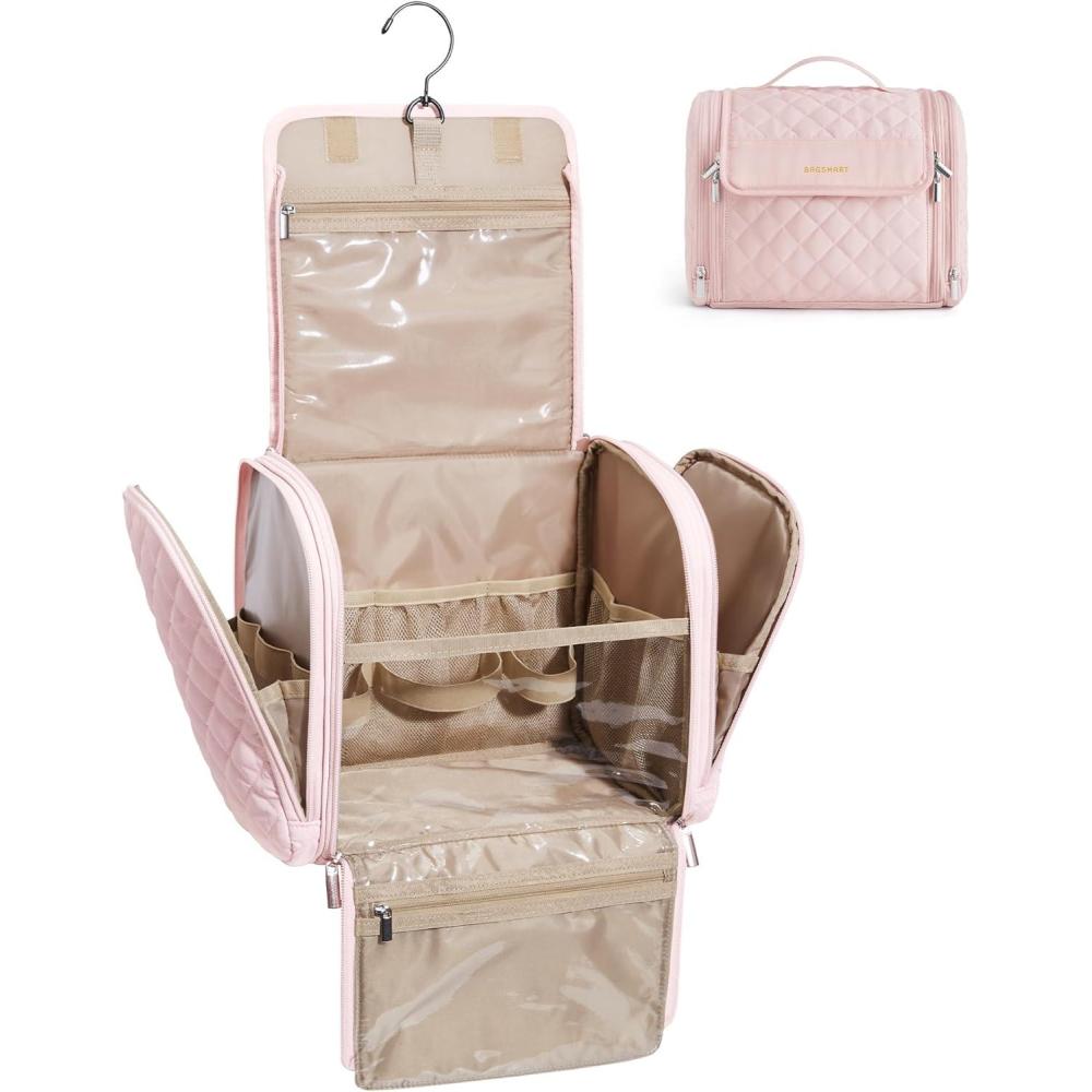 imageBAGSMART Makeup Bag for Women with Hanging Hook Large Portable Capacity Waterresistant Organizer Travel Case for Toiletries and Cosmetics BrownPink