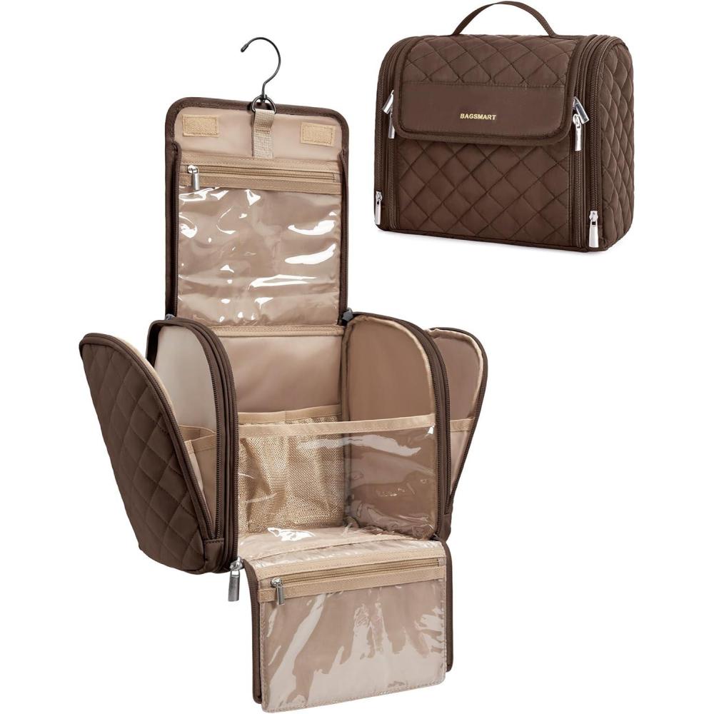 imageBAGSMART Makeup Bag for Women with Hanging Hook Large Portable Capacity Waterresistant Organizer Travel Case for Toiletries and Cosmetics BrownTan Brown