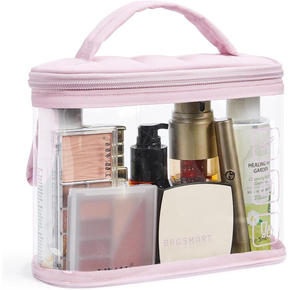 imageBAGSMART TSA Approved Toiletry Bag 2 Pack Clear Makeup Cosmetic Bag Organizer Quart Size Travel Bag for Toiletries Carryon Travel Accessories Essentials Pink2pcsPinkPuffy Top
