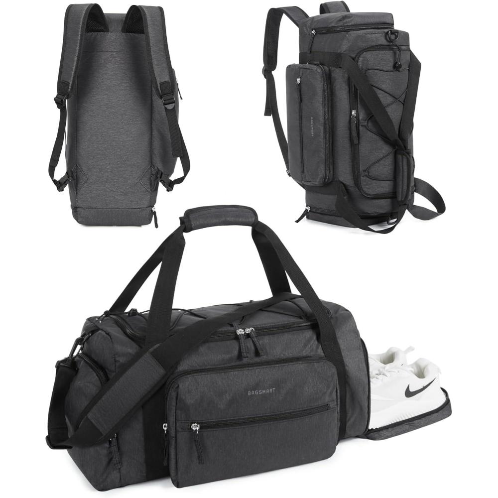 imageBAGSMART Tactical Gym Bag for Men 22L Duffle Bag for Travel with Shoe Compartment 4 in 1 Personal Item Tactical Backpack with 40oz Water Bottle Holder BForest CamoEBlack