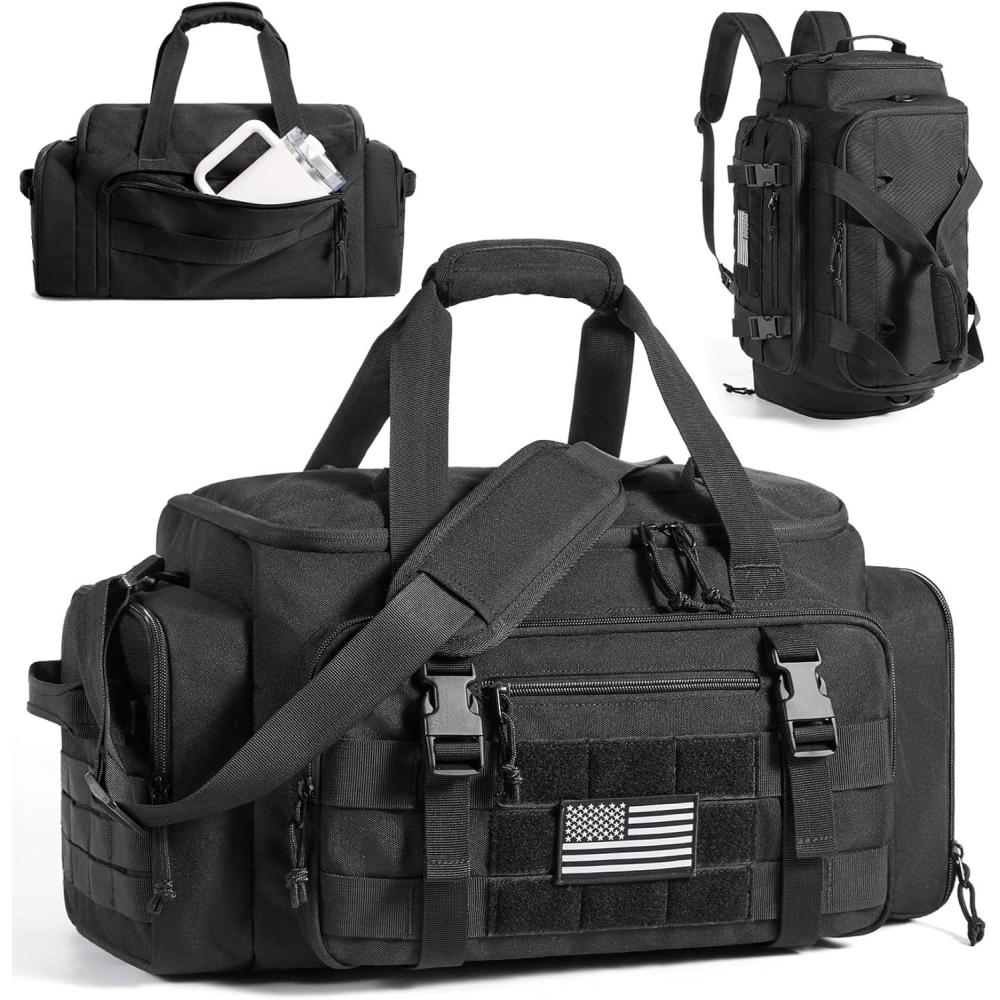 imageBAGSMART Tactical Gym Bag for Men 22L Duffle Bag for Travel with Shoe Compartment 4 in 1 Personal Item Tactical Backpack with 40oz Water Bottle Holder BForest CamoAMilitary Black