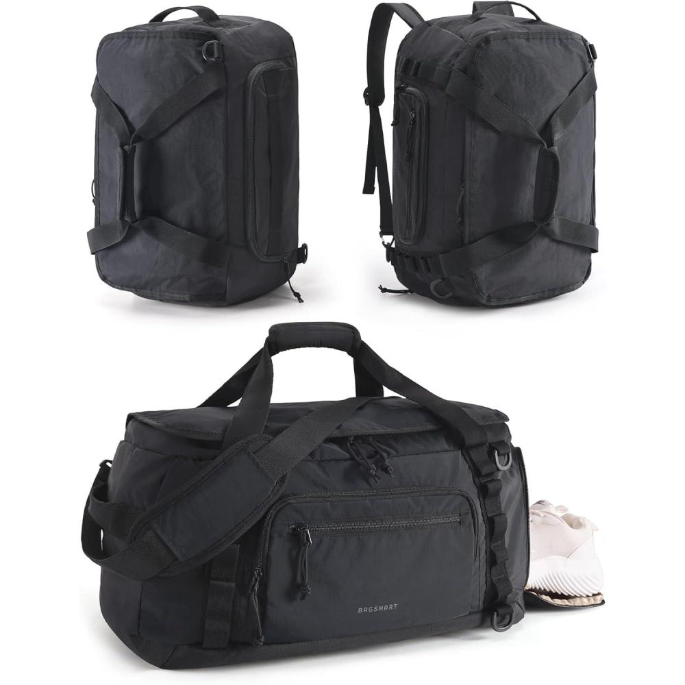 imageBAGSMART Tactical Gym Bag for Men 22L Duffle Bag for Travel with Shoe Compartment 4 in 1 Personal Item Tactical Backpack with 40oz Water Bottle Holder BForest CamoHJet Black