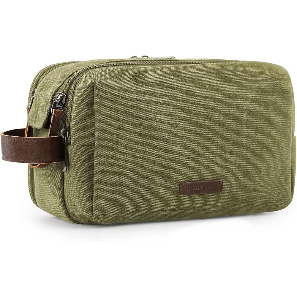 imageBAGSMART Toiletry Bag for Men Canvas Travel Toiletry Organizer Dopp Kit Waterresistant Shaving Bag for Toiletries AccessoriesGreyLargeGreen