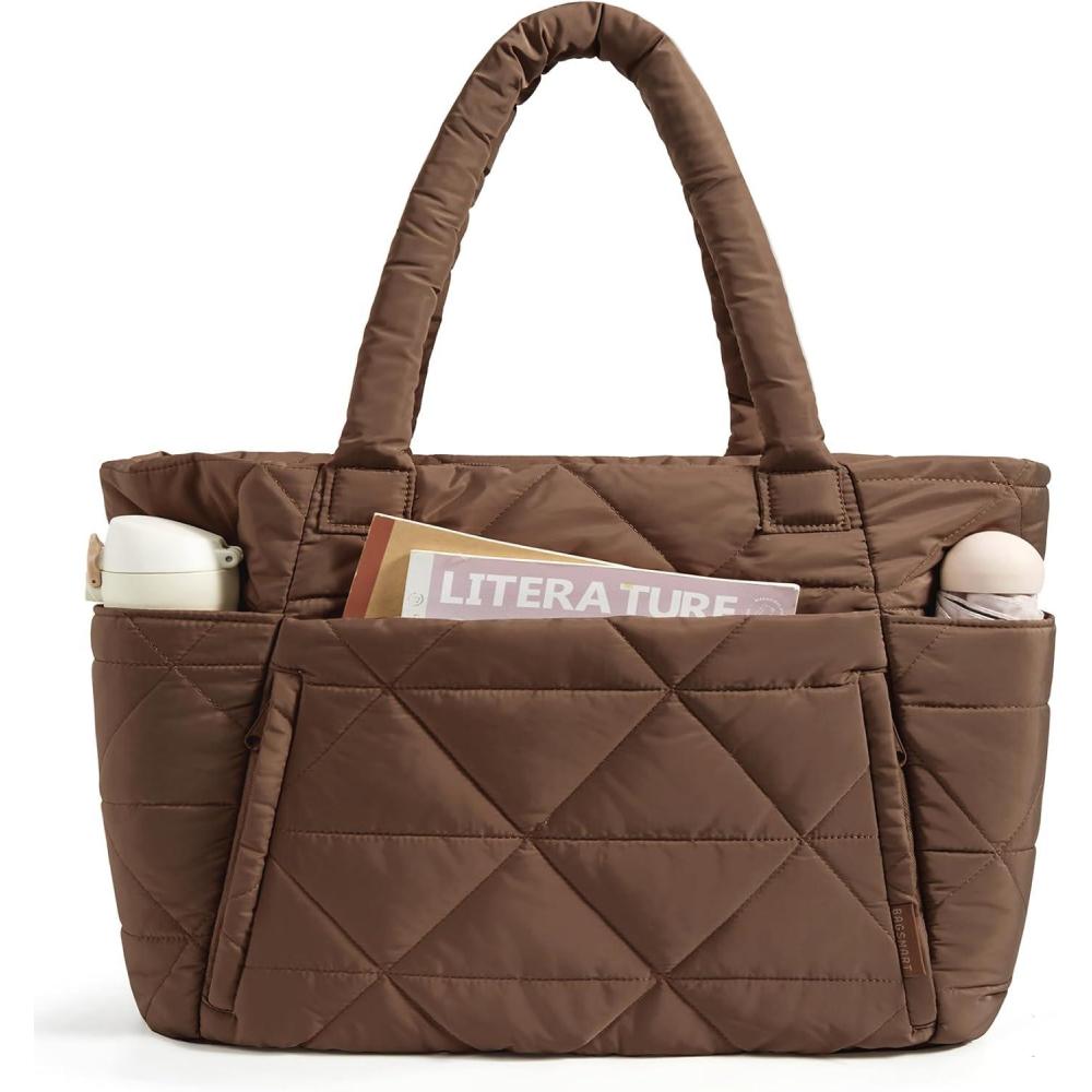 imageBAGSMART Tote Bag for Women Puffy Tote Bag with Zipper Large Quilted Shoulder Bag with Compartments for Travel Work GymCoffee