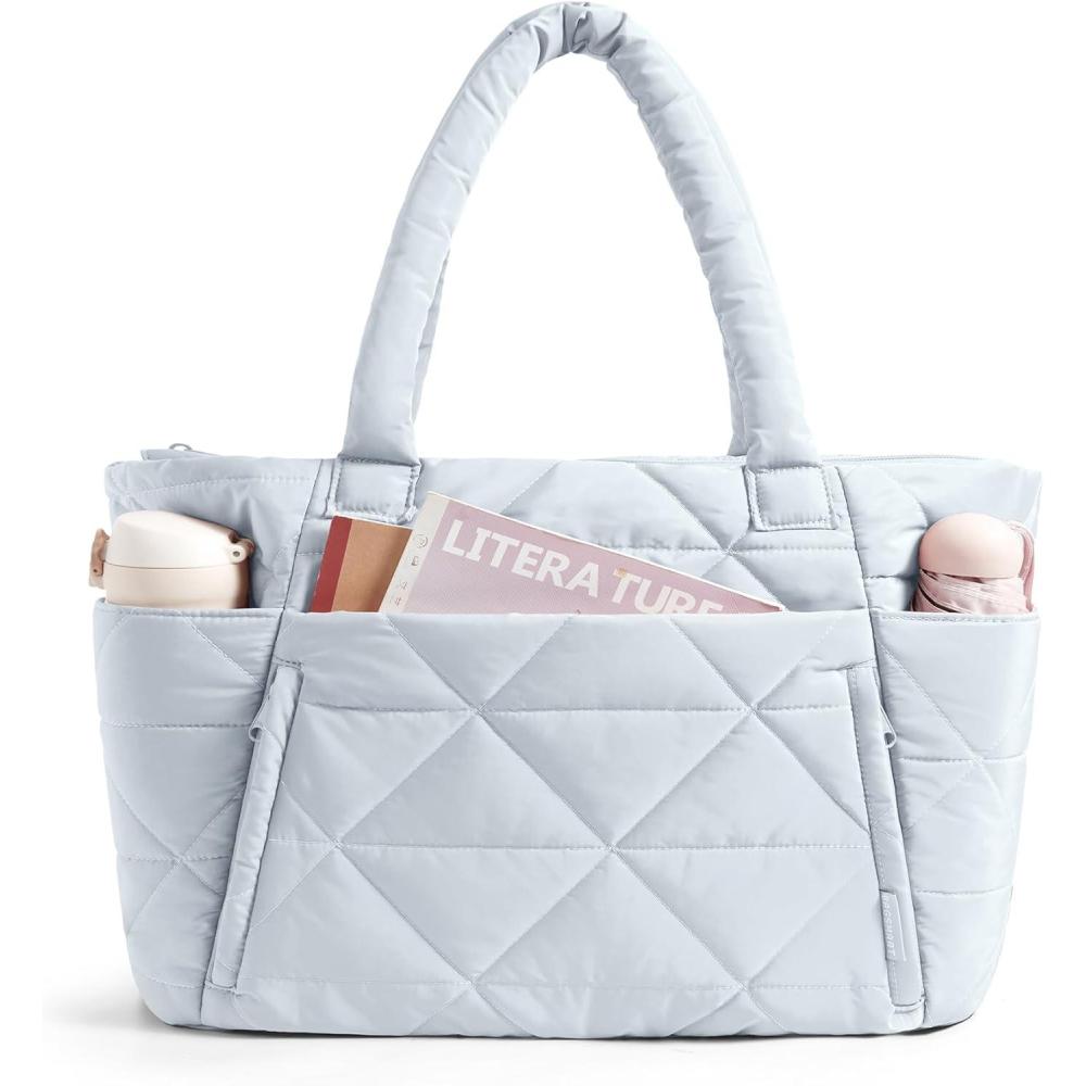 imageBAGSMART Tote Bag for Women Puffy Tote Bag with Zipper Large Quilted Shoulder Bag with Compartments for Travel Work GymDgrayblue