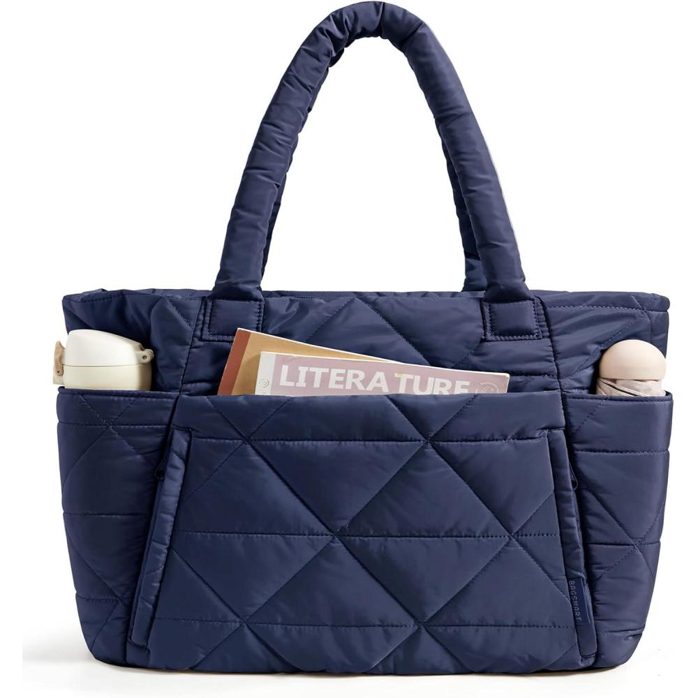 imageBAGSMART Tote Bag for Women Puffy Tote Bag with Zipper Large Quilted Shoulder Bag with Compartments for Travel Work GymNavy Blue