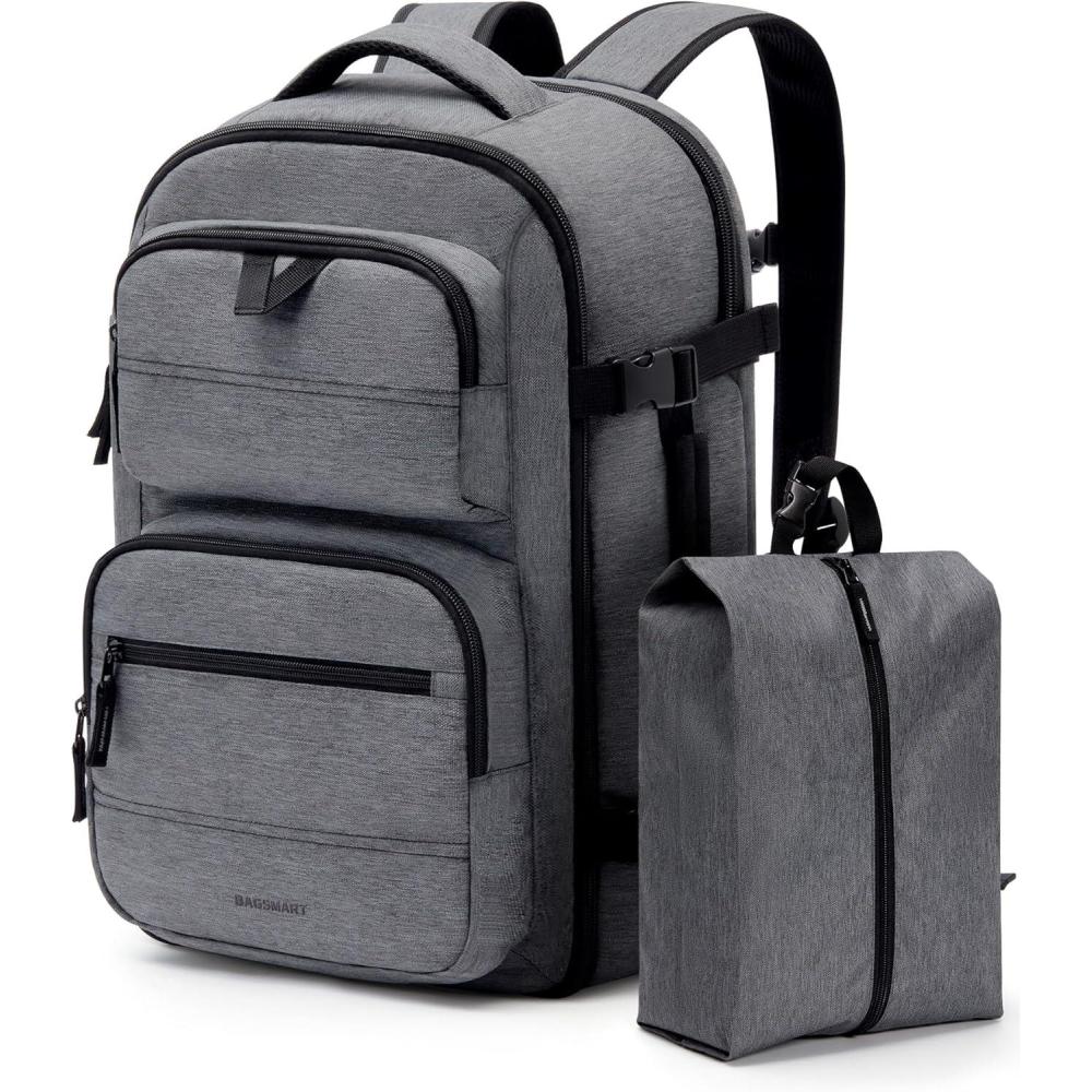 imageBAGSMART Travel Backpack for Women Men 40L Flight Approved Carry on Backpack with Shoe Bag TSA Large Personal Item Backpack with 17 Inch Laptop Compartment Weekender Suitcase for Travel GreyGrey
