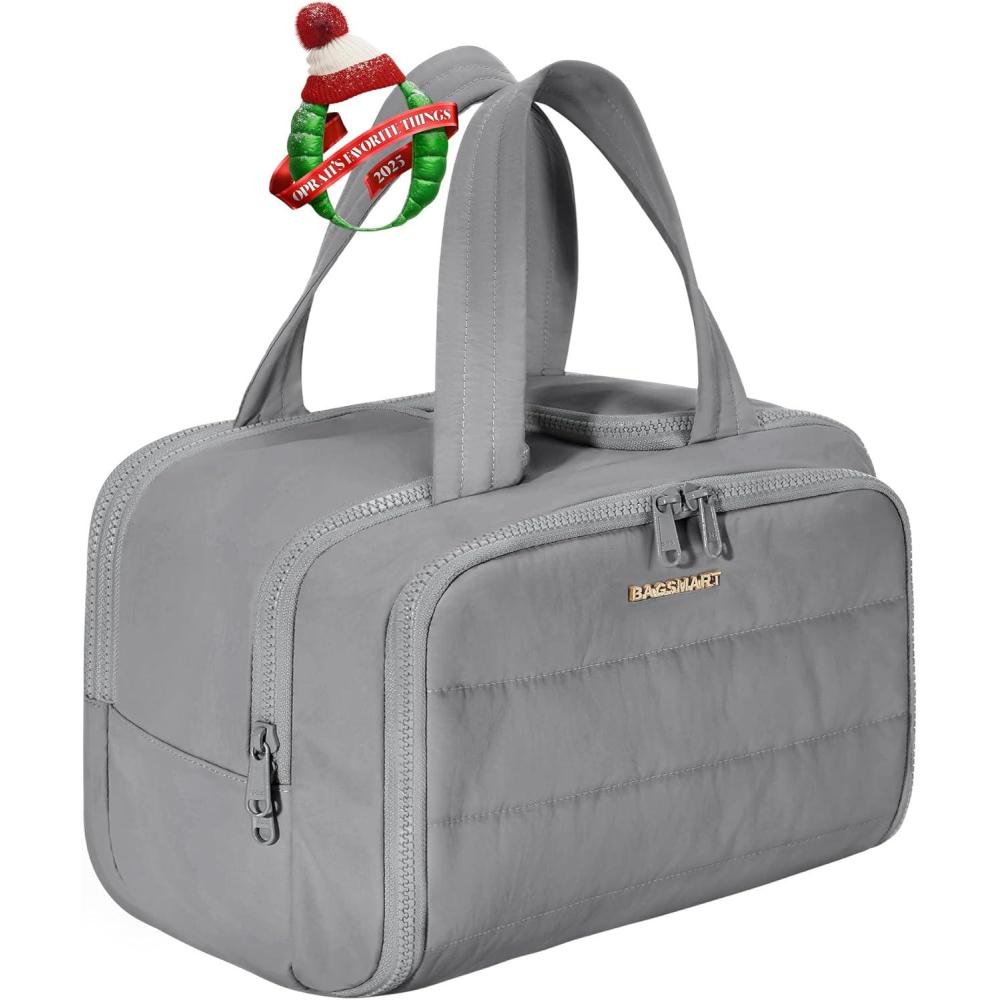 imageBAGSMART Travel Toiletry Bag Crush Toiletry Bag for Women Wideopen Puffy Toiletry Bags for Traveling Large Travel Cosmetic Makeup Bag Organizer for AccessoriesToiletrie BlueeGrey