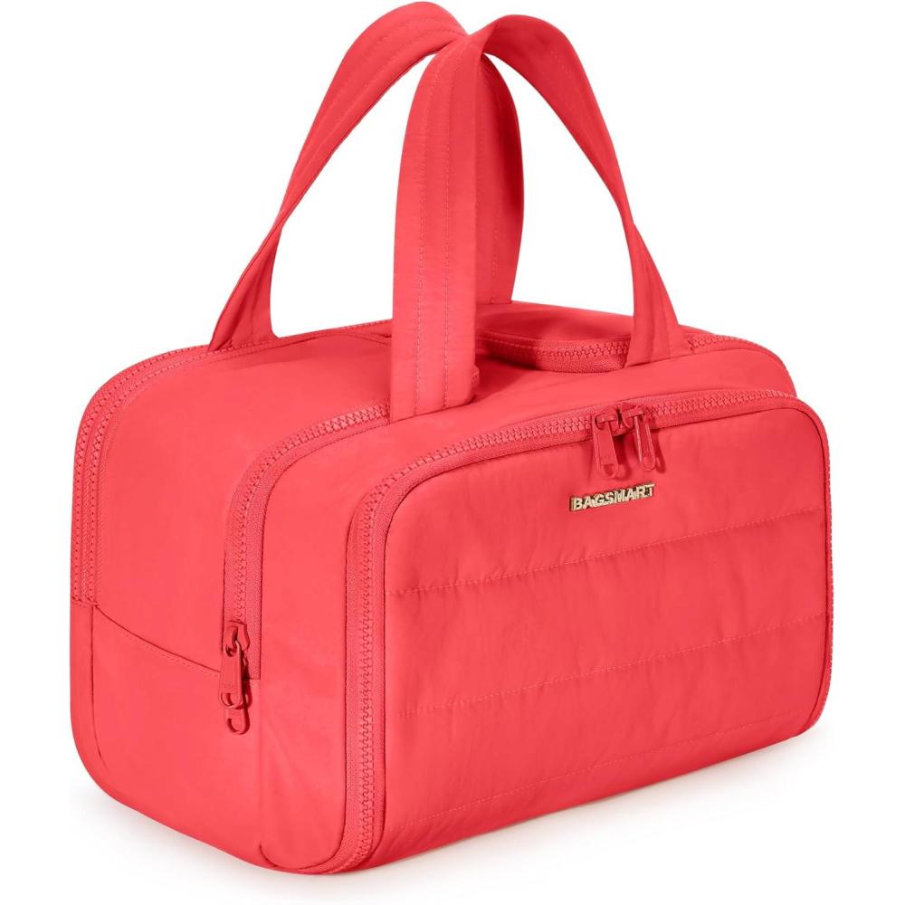 imageBAGSMART Travel Toiletry Bag Crush Toiletry Bag for Women Wideopen Puffy Toiletry Bags for Traveling Large Travel Cosmetic Makeup Bag Organizer for AccessoriesToiletrie BluehBright Red