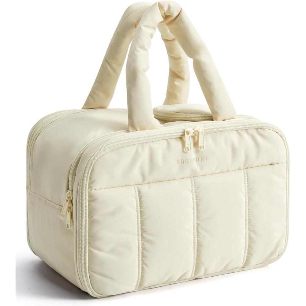 imageBAGSMART Travel Toiletry Bag Puffy Large Toiletry Bag for Women Lightweight Cosmetic Makeup Bag Organizer with Handle for Traveling Accessories Essentials Toiletries PinkCBeige