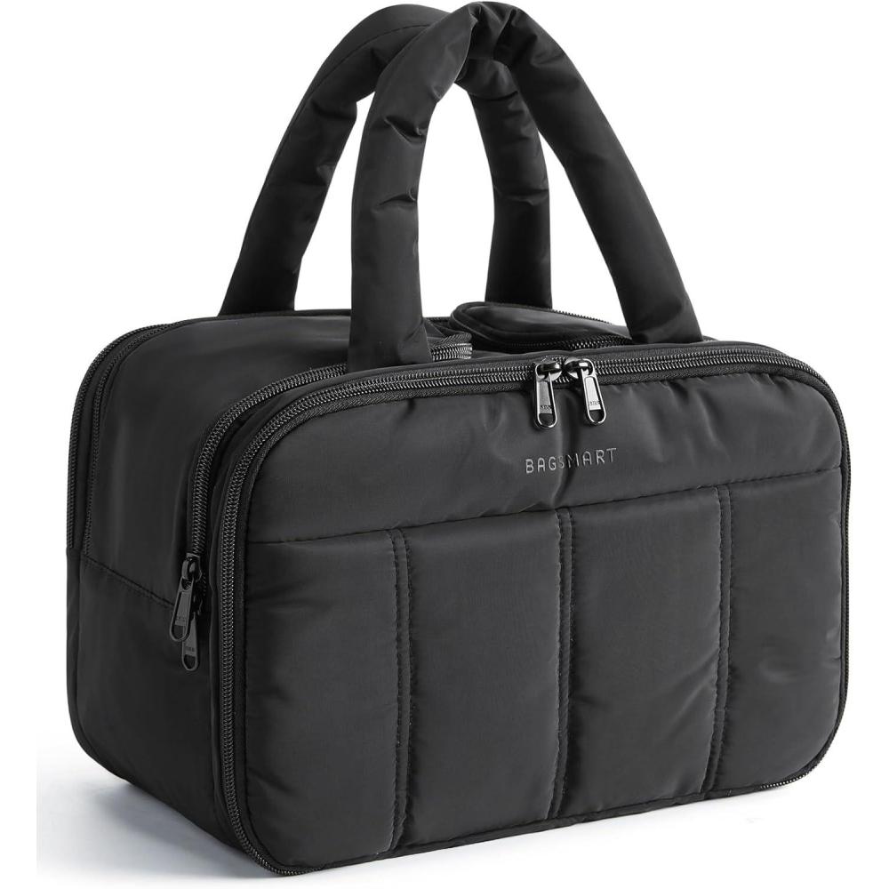 imageBAGSMART Travel Toiletry Bag Puffy Large Toiletry Bag for Women Lightweight Cosmetic Makeup Bag Organizer with Handle for Traveling Accessories Essentials Toiletries PinkBBlack