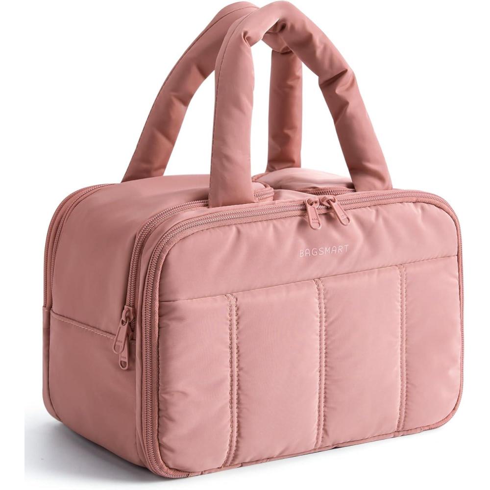 imageBAGSMART Travel Toiletry Bag Puffy Large Toiletry Bag for Women Lightweight Cosmetic Makeup Bag Organizer with Handle for Traveling Accessories Essentials Toiletries PinkADark Pink