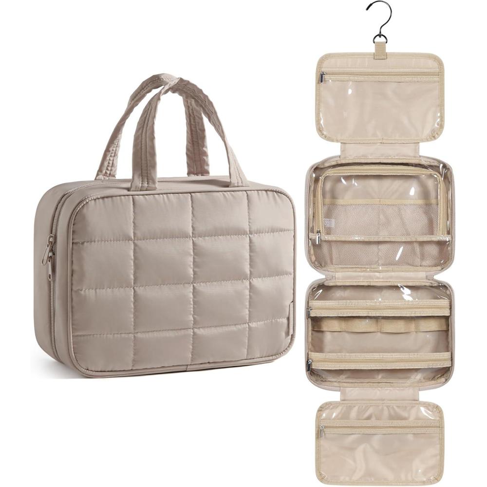 imageBAGSMART Travel Toiletry Bag for Women Hanging Travel Bag for Toiletries Puffy Makeup Cosmetic Bag Organizer Carryon Travel Accessories Essentials CamelCamel