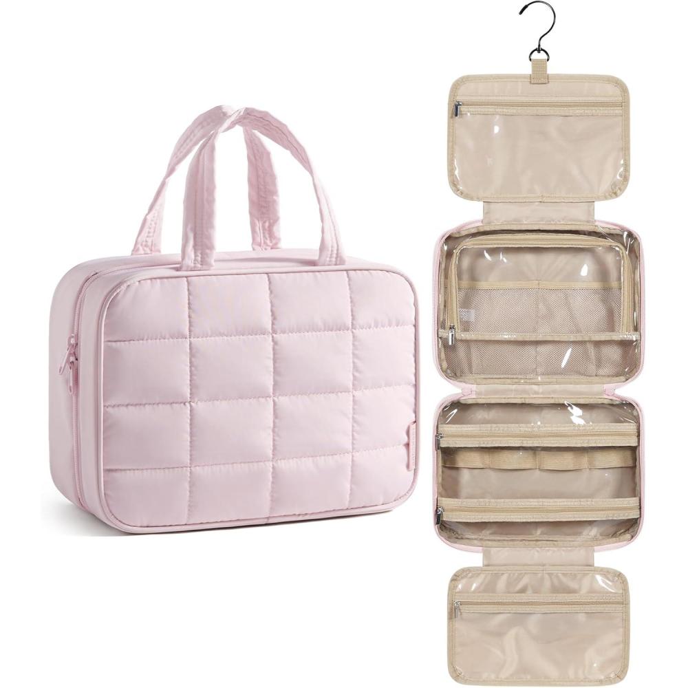 imageBAGSMART Travel Toiletry Bag for Women Hanging Travel Bag for Toiletries Puffy Makeup Cosmetic Bag Organizer Carryon Travel Accessories Essentials CamelPink