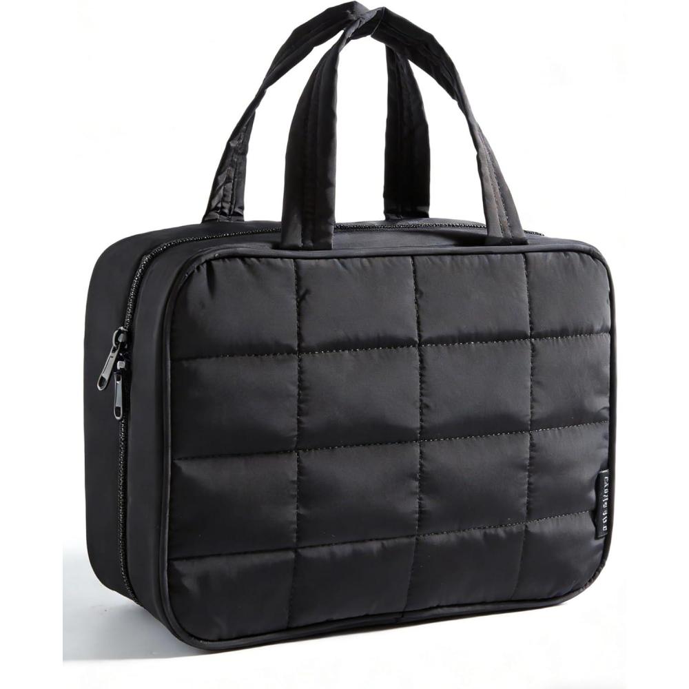 imageBAGSMART Travel Toiletry Bag for Women Hanging Travel Bag for Toiletries Puffy Makeup Cosmetic Bag Organizer Carryon Travel Accessories Essentials CamelBlack