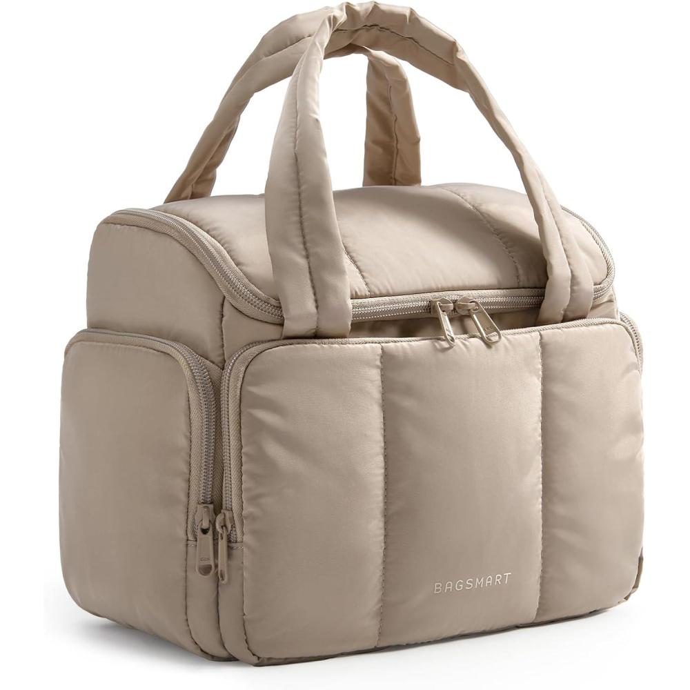 imageBAGSMART Travel Toiletry Bag for Women with Puffy WaterResistant Fabric Roomy Makeup Bag Organizer for TravelSized Toiletries amp Accessories BlackLight Camel