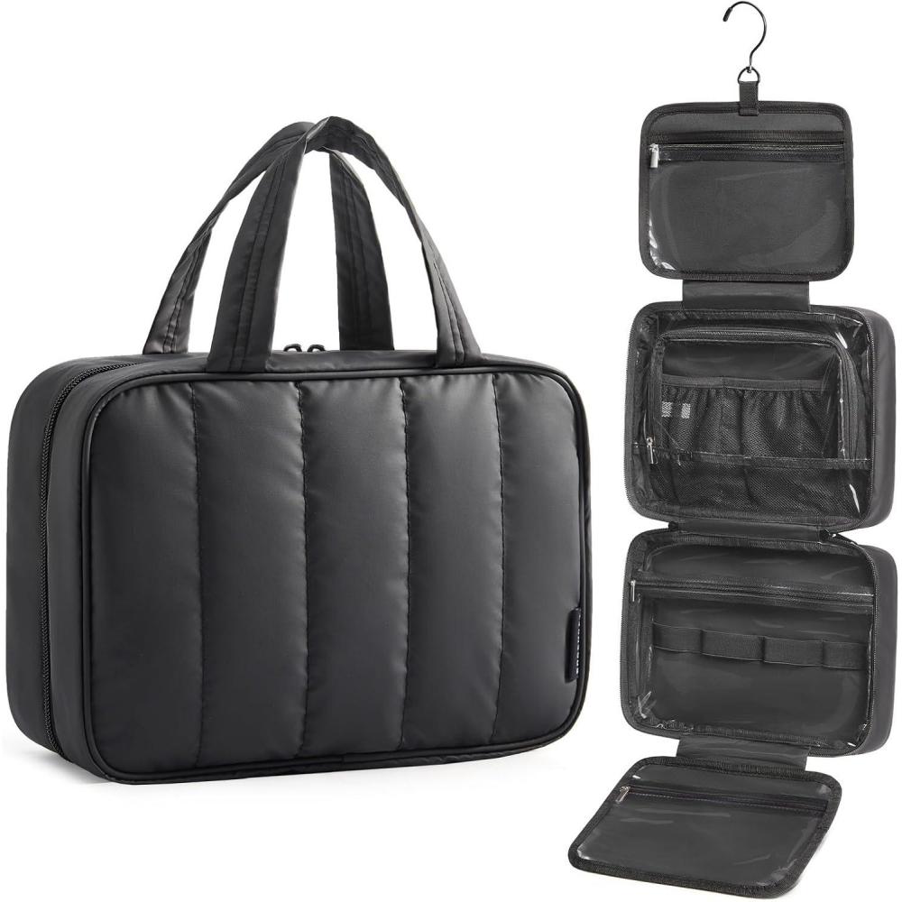 imageBAGSMART Travel Toiletry Bag for women Portable Hanging Hook Makeup Bag Organizer Waterproof Makeup Cosmetic Bag for FullSize Accessories Toiletries CamelBlack