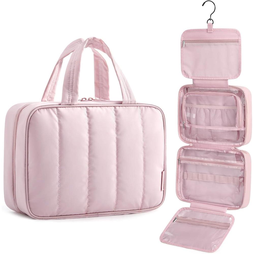 imageBAGSMART Travel Toiletry Bag for women Portable Hanging Hook Makeup Bag Organizer Waterproof Makeup Cosmetic Bag for FullSize Accessories Toiletries CamelPink