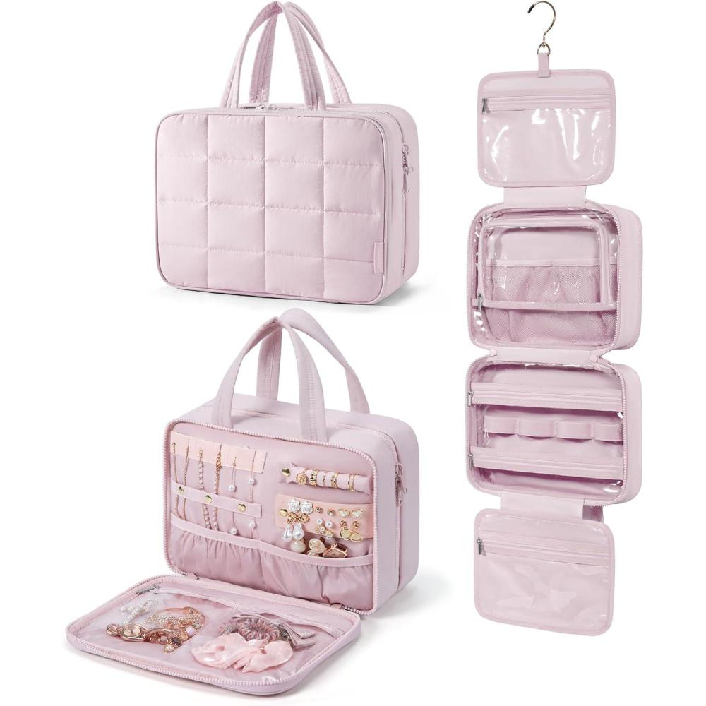 imageBAGSMART Travel Toiletry Bag with Jewelry Organizer Hanging Travel Bag for Toiletries Puffy Makeup Cosmetic Bag Organizer Carryon Travel Accessories Essentials BeigeMPink