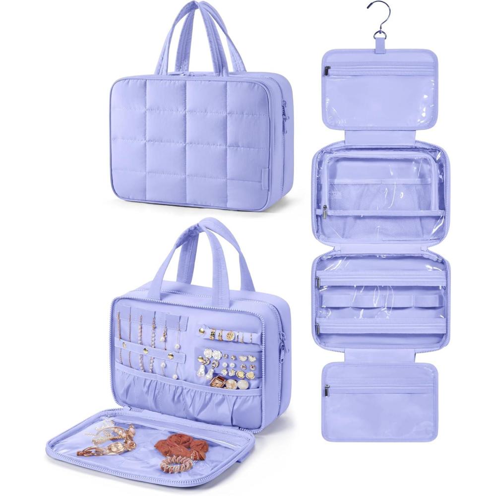 imageBAGSMART Travel Toiletry Bag with Jewelry Organizer Hanging Travel Bag for Toiletries Puffy Makeup Cosmetic Bag Organizer Carryon Travel Accessories Essentials BeigeMPurple
