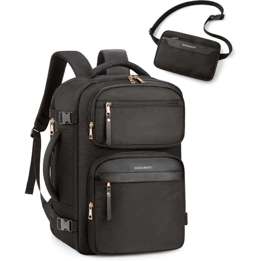 imageBAGSMART Womens Backpack Carry On Flight Approved Travel Backpack for Women with Waist BagTraveling Lightweight Weekender Casual Daypack 173 Laptop Work Back pack Personal Item BagChampagneBlack