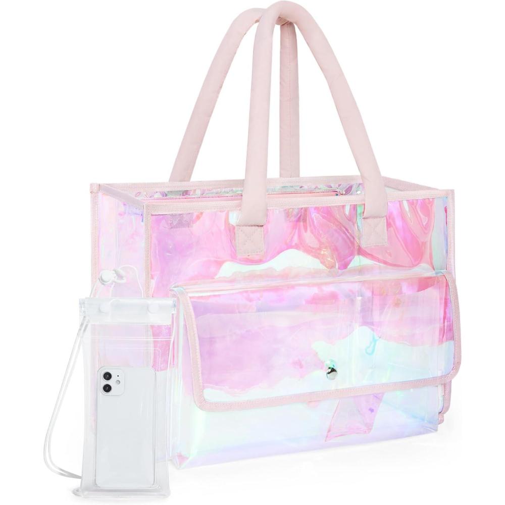 imageBagsmart Waterproof Beach Bag for Women with Phone Pouch Large Tote Bag for Pool Travel and VacationLiaght Pink02