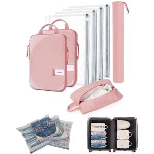 BAGSMART 8 Pcs Compression Packing Bags Set with 4 Pack Vacuum Bags Storage for Cruise Travel Essentials, Hand-rolled Space Saver Vacuum Storage Bags, Baby Pink