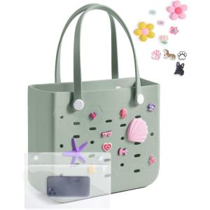 BAGSMART Beach Bag for Women, Water-resistant Rubber Tote Bag, Sandproof Vacation Essentials for Summer Swim Cruise Pool(M-sea Glass Sage)