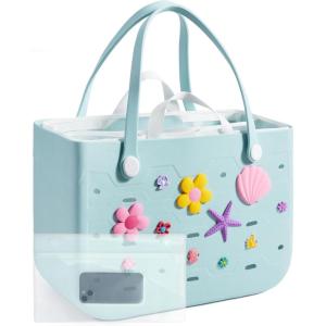 BAGSMART Beach Bag for Women, Water-resistant Rubber Tote Bag, Sandproof Vacation Essentials for Summer Swim Cruise Pool(Sky Blue)