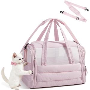 BAGSMART Cat Carrier: Soft-Sided Pet Carrier for Small Medium Cats Dogs Puppy Quilted Collapsible Puffy Travel Bag Up to 20 Lbs Pink(M-Baby Pink)