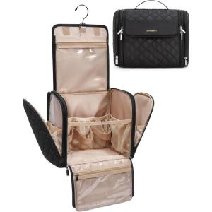 BAGSMART Makeup Bag for Women with Hanging Hook, Large Portable Capacity Water-resistant Organizer Travel Case for Toiletries and Cosmetics, Brown(Black)