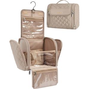 BAGSMART Makeup Bag for Women with Hanging Hook, Large Portable Capacity Water-resistant Organizer Travel Case for Toiletries and Cosmetics, Brown(Camel)