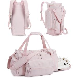 BAGSMART Tactical Gym Bag for Men, 22L Duffle Bag for Travel with Shoe Compartment, 4 in 1 Personal Item Tactical Backpack with 40oz Water Bottle Holder (B-Forest Camo)(G-Light pink)
