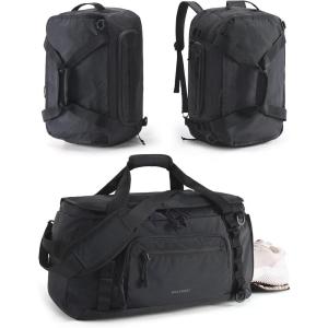 BAGSMART Tactical Gym Bag for Men, 22L Duffle Bag for Travel with Shoe Compartment, 4 in 1 Personal Item Tactical Backpack with 40oz Water Bottle Holder (B-Forest Camo)(H-Jet Black)