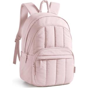 BAGSMART Travel Laptop Backpack, College Backpack for Women, Quilted Small Computer Bookbag, Water-Resistant 15.6 Inch Laptop Casual Bag, Black(05-soft Pink)