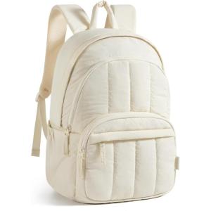 BAGSMART Travel Laptop Backpack, College Backpack for Women, Quilted Small Computer Bookbag, Water-Resistant 15.6 Inch Laptop Casual Bag, Black(07-beige)