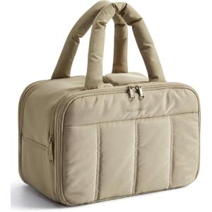 BAGSMART Travel Toiletry Bag, Puffy Large Toiletry Bag for Women, Lightweight Cosmetic Makeup Bag Organizer with Handle for Traveling, Accessories, Essentials, Toiletries (Pink)(D-Light Camel)