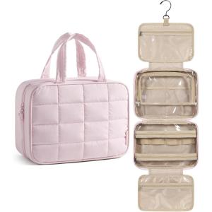 BAGSMART Travel Toiletry Bag for Women, Hanging Travel Bag for Toiletries, Puffy Makeup Cosmetic Bag Organizer, Carry-on Travel Accessories Essentials, Camel(Pink)