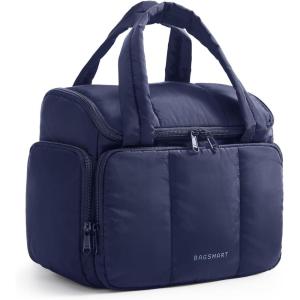 BAGSMART Travel Toiletry Bag for Women with Puffy Water-Resistant Fabric, Roomy Makeup Bag Organizer for Travel-Sized Toiletries & Accessories, Black(Navy Blue)