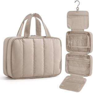 BAGSMART Travel Toiletry Bag for women, Portable Hanging Hook Makeup Bag Organizer, Waterproof Makeup Cosmetic Bag, for Full-Size Accessories, Toiletries, Camel(Camel)