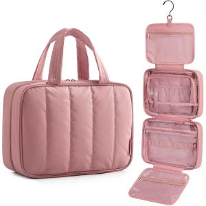 BAGSMART Travel Toiletry Bag for women, Portable Hanging Hook Makeup Bag Organizer, Waterproof Makeup Cosmetic Bag, for Full-Size Accessories, Toiletries, Camel(Dusty Rose)
