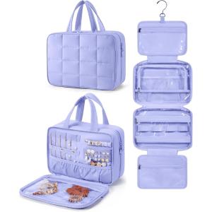 BAGSMART Travel Toiletry Bag with Jewelry Organizer, Hanging Travel Bag for Toiletries, Puffy Makeup Cosmetic Bag Organizer, Carry-on Travel Accessories Essentials, Beige-M(Purple)