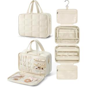 BAGSMART Travel Toiletry Bag with Jewelry Organizer, Hanging Travel Bag for Toiletries, Puffy Makeup Cosmetic Bag Organizer, Carry-on Travel Accessories Essentials, Beige-M(Beige)