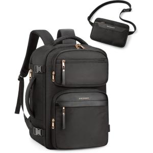 BAGSMART Womens Backpack Carry On Flight Approved, Travel Backpack for Women with Waist Bag,Traveling Lightweight Weekender Casual Daypack 17.3″ Laptop Work Back pack Personal Item Bag,Champagne(Black)