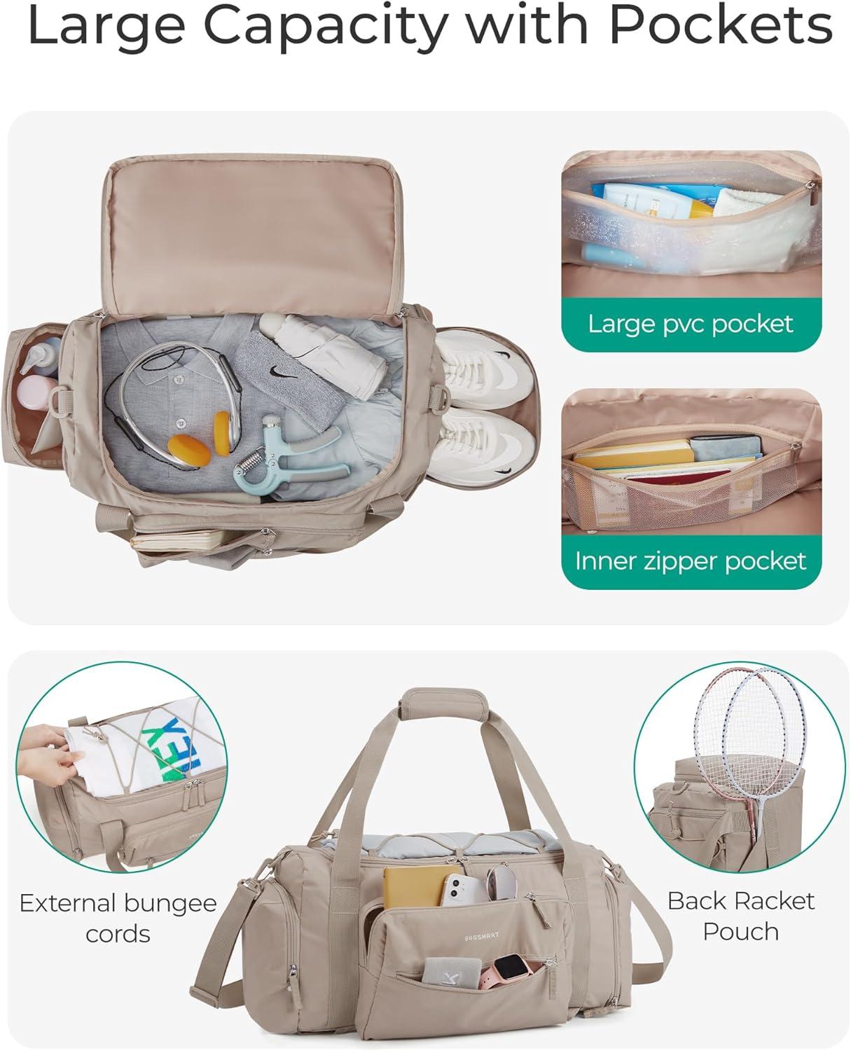 imageBAGSMART 4IN1 Gym Bag for Women TSA Lightweight Duffle Bag for Travel with Shoe Compartment amp Wet Pocket 30L Carry On Weekender Bags for WomenWater Resistant Travel Duffel BackpackCamelEBlack